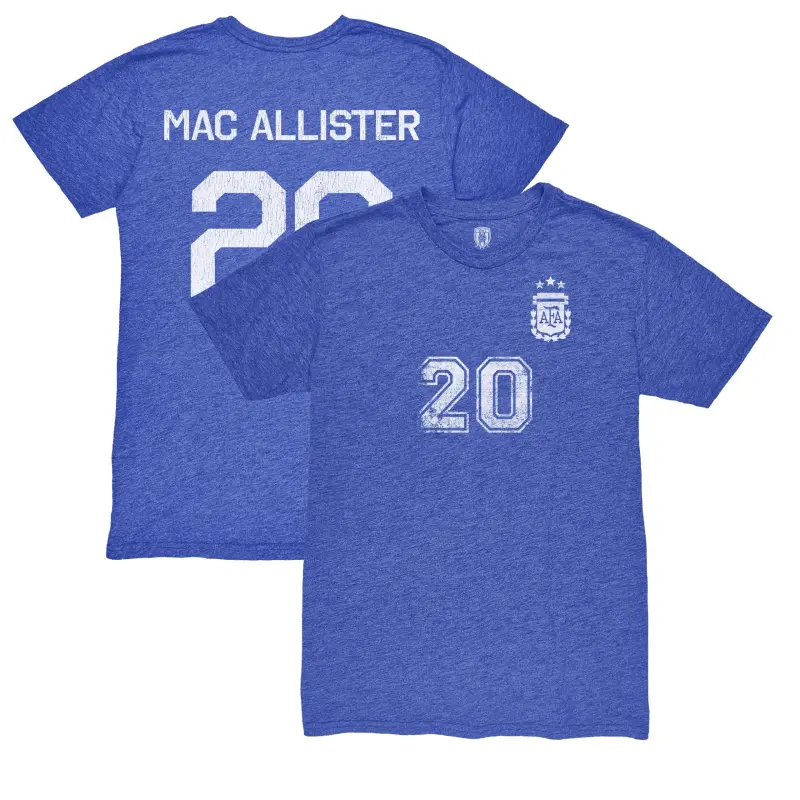 Canada Soccer Shirts Store – Alexis Mac Allister Argentina National Team 1863FC Retro Name & Number Tri-Blend T-Shirt – Blue Football Shirts Range