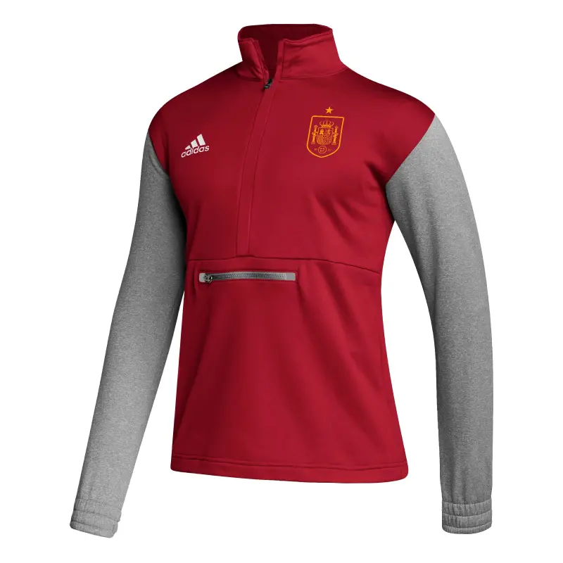 Canada Soccer Shirts Store – Spain National Team adidas Crest Long Sleeve Half-Zip Top – Red Football Shirts Range